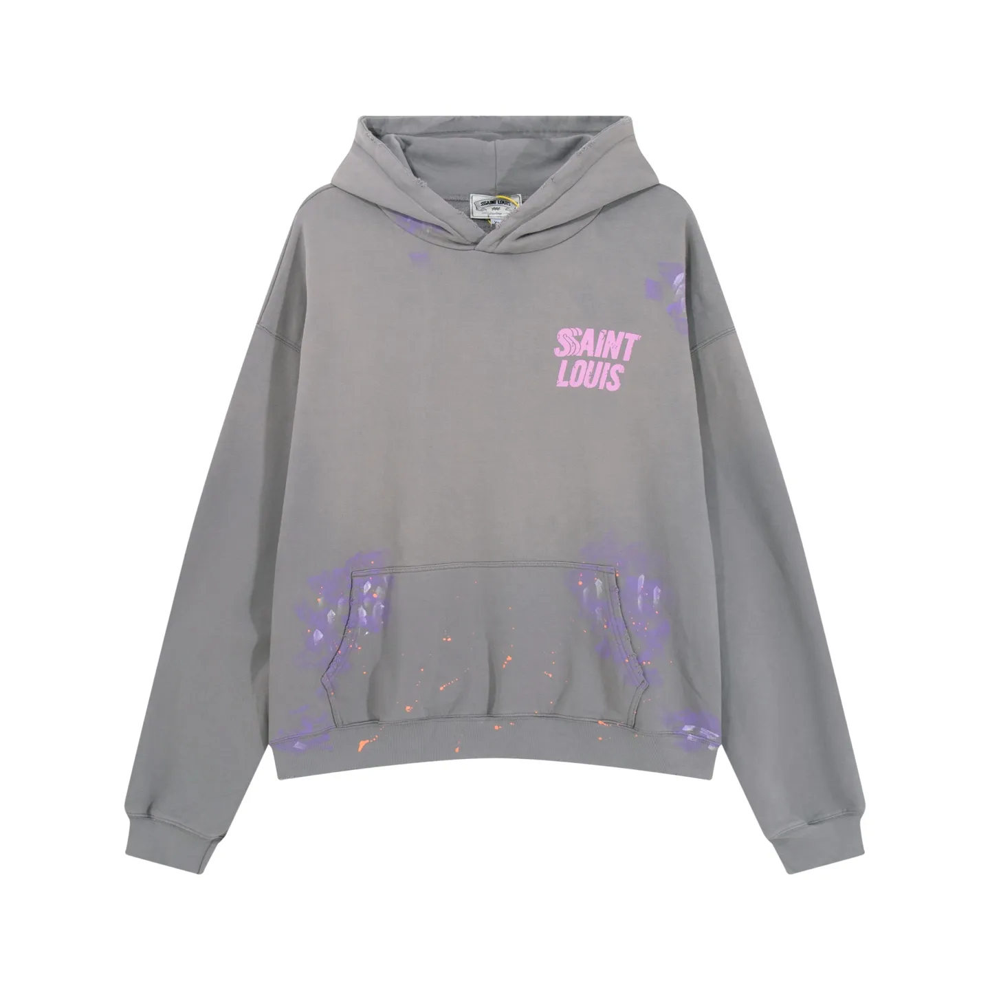 Style No. S228 P300💰 (450g version) SSSAINT LOUIS ink-washed distressed letter logo printed hooded pullover sweatshirt. Made of 450g dense cotton fabric, washed process, loose fit. Same style for men and women. Size: S-XL
